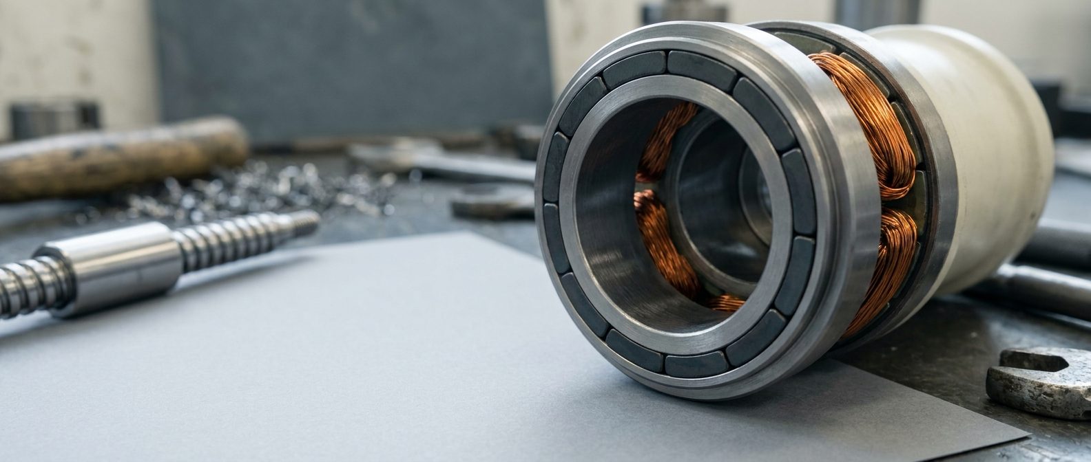 A robotic joint actuator opened up: a ring of dark magnet segments seated in a steel rotor, copper stator windings behind it, and a planetary roller screw on the bench alongside.