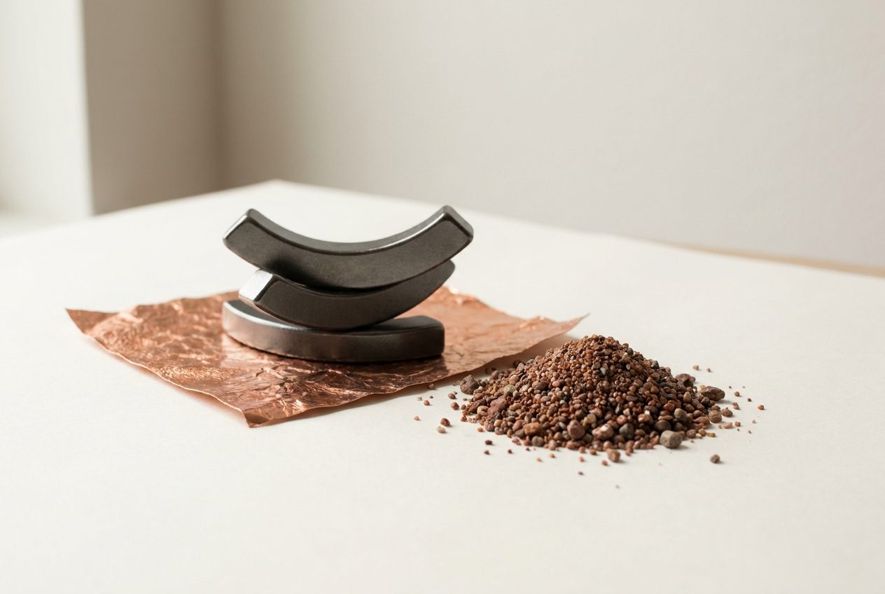Sintered neodymium-iron-boron magnet segments resting on copper foil beside a small pile of rare-earth mineral concentrate.